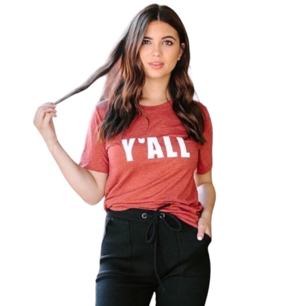 New Kittenish Y'all Graphic Short Sleeved T-Shirt in Rust-Red Color